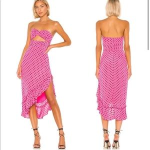 Lovers and friends strapless midi dress pink and black polka dots